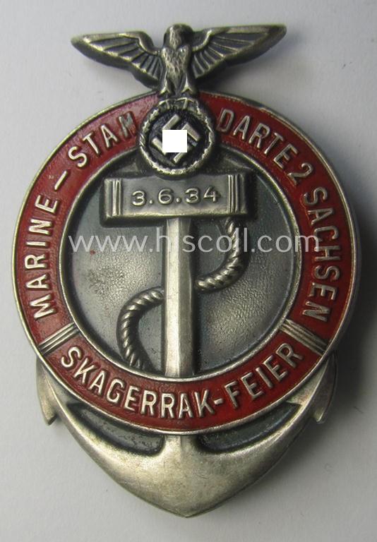 Commemorative, silver-toned, Marine-SA-related 'tinnie' being a non-maker-marked example depicting a 'Reichadler'-device, 'anchor' and life-saving-ring surrounded by the text: 'Marinestandarte 2 - Sachsen - Skagerrak-Feier - 3.-6-34'