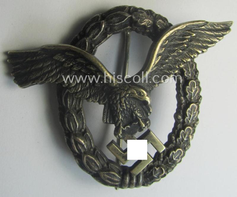 WH (Luftwaffe) 'Flugzeugführer-Abzeichen' (or: pilots'-badge) being a maker- (ie. 'BSW'-) marked- and typical 'Buntmetall'-based example as was produced by the maker (ie. 'Hersteller') named: 'Brüder Schneider' (ie. 'BSW')