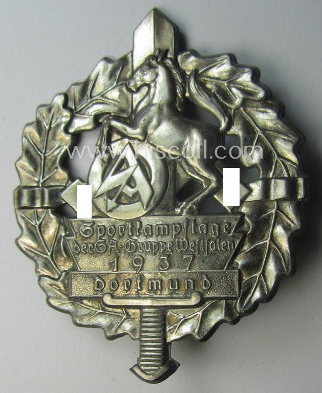 Commemorative, SA- (ie. 'Sturmabteilungen'-) related 'tinnie' depicting an illustration of an SA-Sportabzeichen, horse and typical SA-logo coupled with the text: 'Sportkampftage der SA-Gruppe Westfalen 1937 - Dortmund'