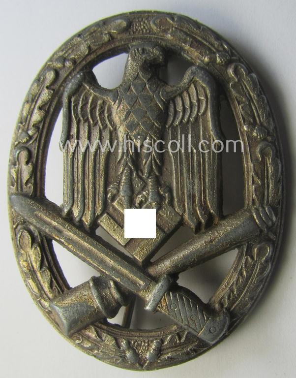 'Allgemeines Sturmabzeichen' (or: General Assault Badge ie. GAB) being a typical unmarked, zinc-based- (ie. 'Feinzink'-) and/or: 'semi-hollow-back'-version as was (I deem) produced by the: 'Rudolf Karneth'-company