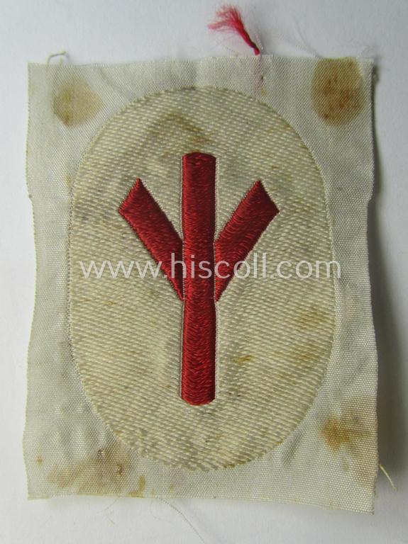 HJ/BDM (ie. 'Hitlerjugend'/'Bund Deutscher Mädel') trade- or specialist-armbadge as executed in neat 'BeVo'-weave pattern as was intended for usage by a: 'Feldscher' (or: medical orderly) still retaining its period 'RzM'-etiket