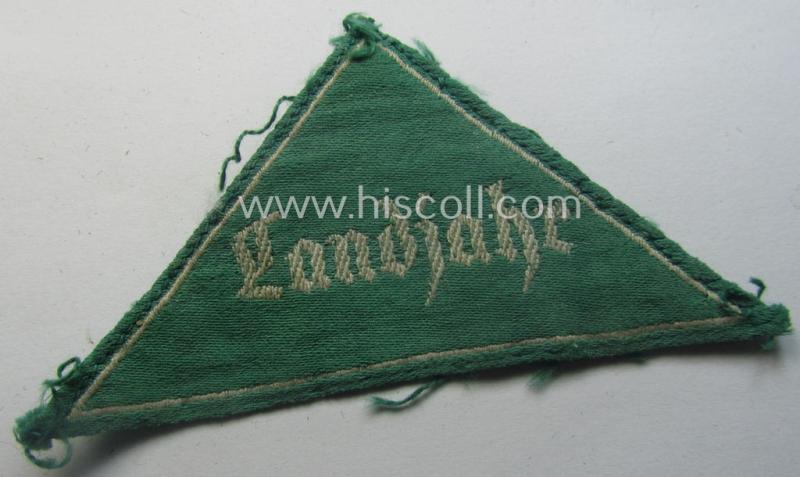 HJ (ie. 'Hitlerjugend') honorary-district-triangle (ie. 'Gebietsdreieck') entitled: 'Landjahr' being an example that comes in an overall nice (albeit just moderately used ie. worn condition)