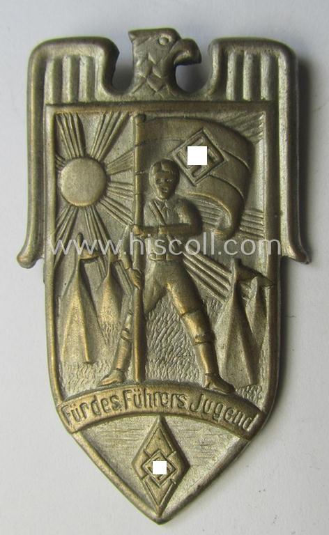 Silver-toned, HJ/BDM (ie. 'Hitlerjugend' or: 'Bund Deutscher Mädel') day-badge (ie. 'tinnie' or: 'Veranstaltungsabzeichen') entitled: 'Für des Führers Jugend' as was issued to commemorate participation within a specific youth-event