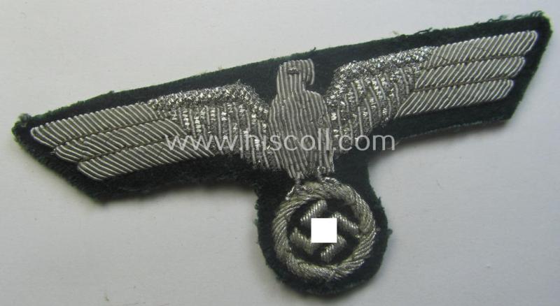 WH (Heeres) officers'-type, hand-embroidered breast-eagle (ie. 'Brustadler für Offiziere') as was executed in bright-silverish-coloured braid as was intended for usage on the various officers'-pattern tunics