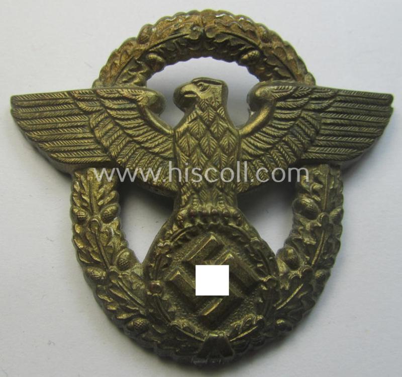 Golden-bronze-toned- and/or zinc- (ie. 'Feinzink'-) based, 'Polizei'-visor-cap eagle, being a non-maker-marked example as intended for usage onto the various: 'Wasserschützpolizei' (or: general-officers') visor-caps (ie. 'Schirmmützen')