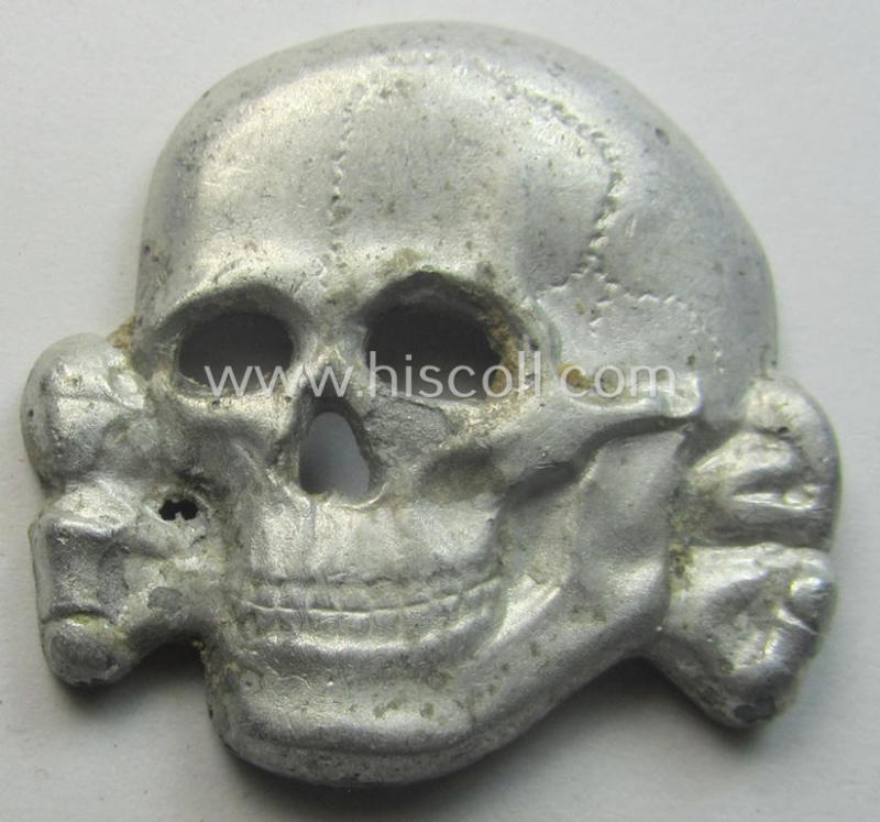 Superb - albeit regrettably incomplete but nevertheless rarely encountered! - 'Waffen-SS' visor-cap skull (ie. 'Totenkopf für Schirmmütze') being a detailed- and/or maker- (ie. 'RzM 499/41'-) marked example as was executed in 'Cupal'-based metal