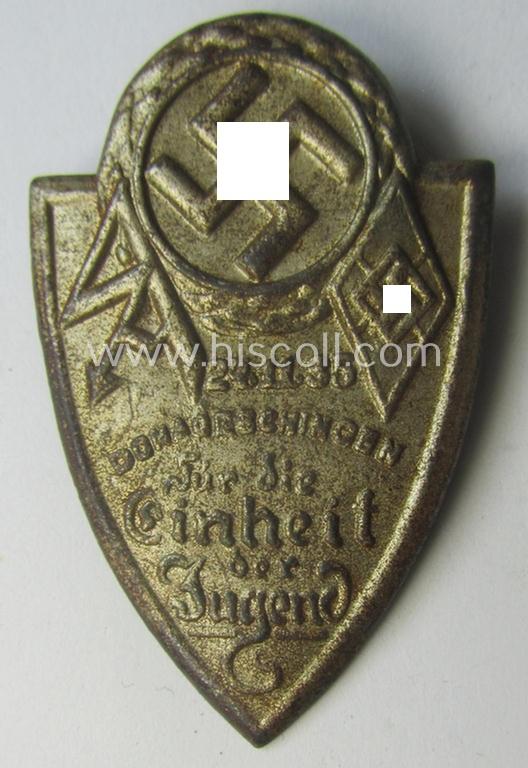 Fairly early-period, silver-toned HJ/BDM (ie. 'Hitlerjugend' or: 'Bund Deutscher Mädel') day-badge (ie. 'tinnie' or: 'Veranstaltungsabzeichen') entitled: 'Für die Einheit der Jugend - Donaueschingen - 24.11.1935'
