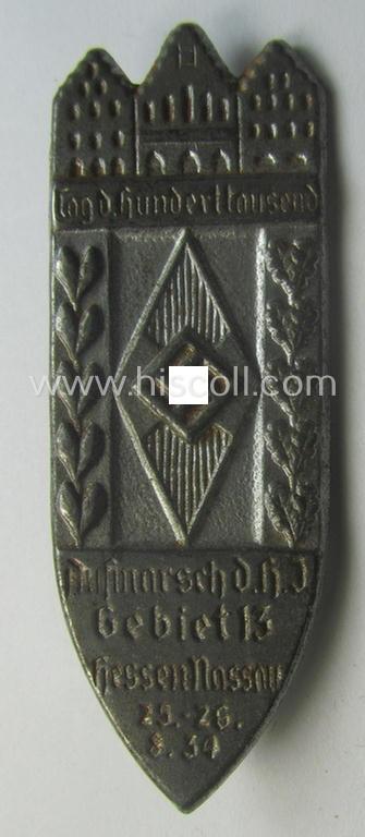 HJ (ie.'Hitlerjugend') related 'tinnie' ie. 'Veranstaltungsabzeichen': 'Aufmarsch der HJ - Gebiet 13 - Hessen-Nassau - 1. u.- 2.9.1934'