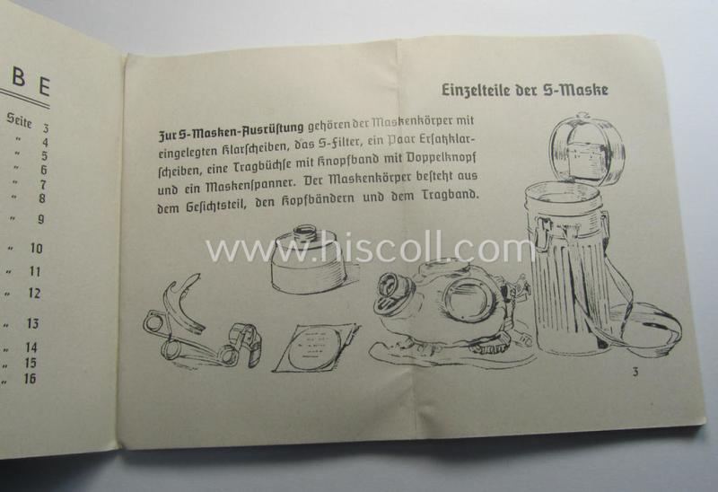 Neat - and actually scarcely encountered! - example of the 16-paged- and/or small-sized booklet on the German ('standard'-issue) 'Wehrmacht' gasmask ('Model S'), entitled: 'Die S-Maske'