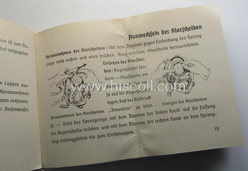 Neat - and actually scarcely encountered! - example of the 16-paged- and/or small-sized booklet on the German ('standard'-issue) 'Wehrmacht' gasmask ('Model S'), entitled: 'Die S-Maske'