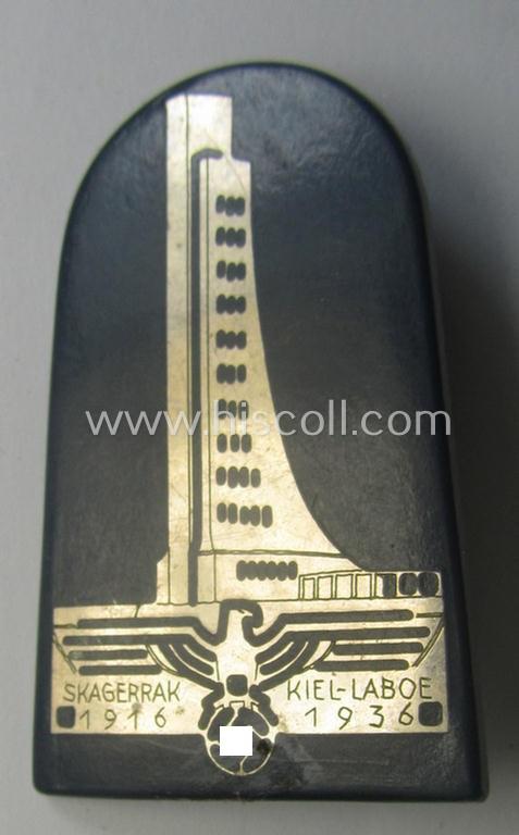 Darker-blue-coloured- and/or unusually 'resin'-based (and silver-inlayed) naval-related day-badge (ie. 'tinnie' or: 'Veranstaltungsabzeichen') bearing the text: 'Skagerrak 1916 - Kiel-Laboe 1936'