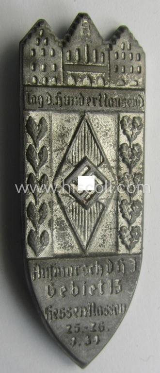 HJ (ie.'Hitlerjugend') related 'tinnie' ie. 'Veranstaltungsabzeichen': 'Aufmarsch der HJ - Gebiet 13 - Hessen-Nassau - 1. u.- 2.9.1934'