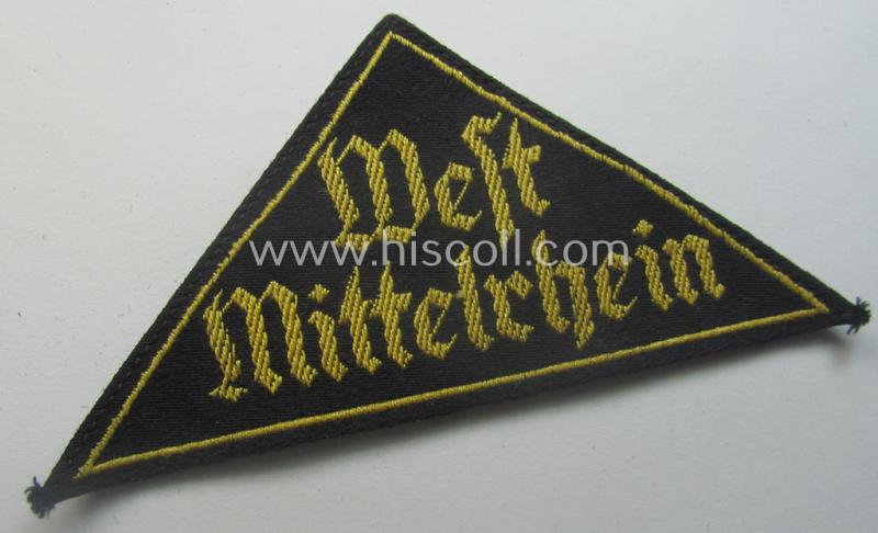 'HJ' ('Hitlerjugend') district-triangle (ie. 'Gebietsdreieck') entitled: 'West Mittelrhein' (being a hardly used- ie worn example that still retains its period-attached 'RzM'-etiket)