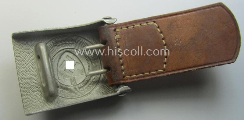 'Reichsarbeitsdienst'- (ie. RAD-) enlisted-mens'- (ie. NCO-) type belt-buckle being a maker- (ie. 'G. Brehmer-) marked example which is dated: '1938' and that comes mounted onto its leather-based tab