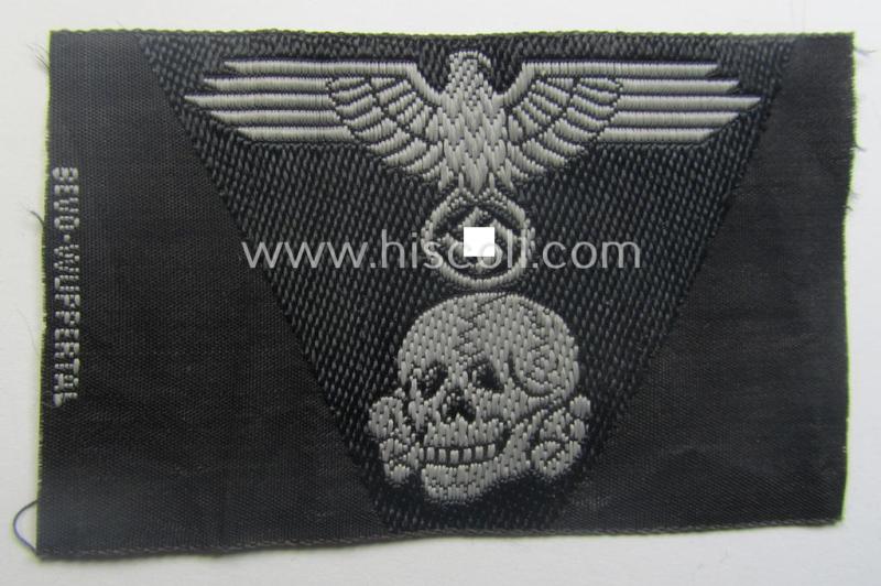 Waffen-SS black-coloured M43-pattern 'Panzer'-cap-trapezoid as executed in 'BeVo'-weave-pattern as was specifically intended for usage on the M43-model field-caps (ie. 'Einheitsfeldmützen')