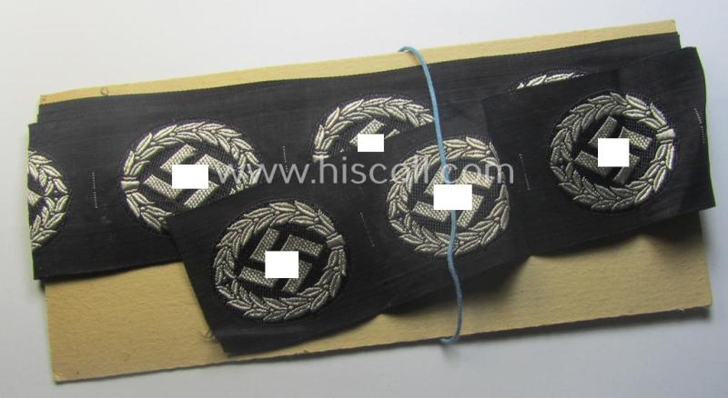 EM- (ie. NCO-) type, so-called: 'Schutzmannschaften' (or: 'Schuma') cap-badge as executed in greyish-coloured thread onto a black-coloured- (ie. 'SS-Polizei'- ie. 'SD'-related-) background