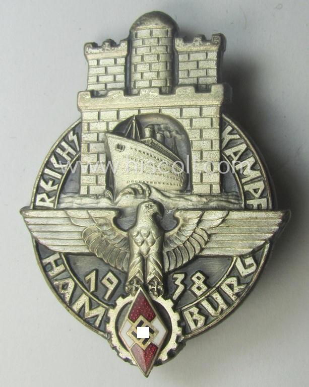 Rarely found, HJ- ie. BDM (ie. 'Hitlerjugend' or: 'Bund Deutscher Mädel') related day-badge: 'Reichskampf Hamburg 1938'