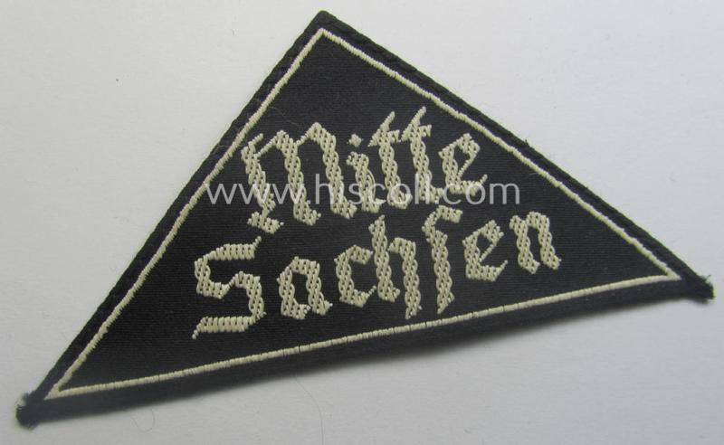 'HJ' ('Hitlerjugend') ie. 'BDM' ('Bund Deutscher Mädel') district-triangle (ie. 'Gebietsdreieck') entitled: 'Mitte Sachsen' (being a 'virtually mint' example that misses its: 'RzM'-etiket)