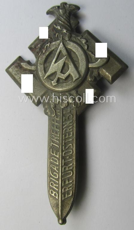 Incomplete, commemorative, silver-toned- and/or tin-based - SA- (ie. 'Sturmabteilungen'-) related 'tinnie' depicting a sword, swastika and text (ie. date) that reads: 'Brigadetreffen - Erfurt - Ostern - 34'