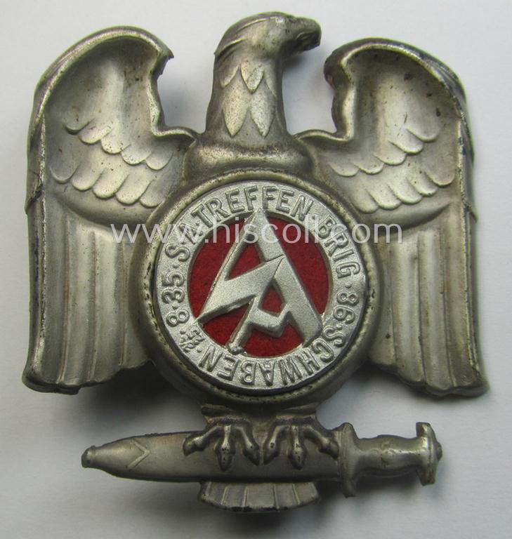 Unusually seen, commemorative SA- (ie. 'Sturmabteilungen'-) related 'tinnie' being a non-maker-marked example showing an eagle-device with SA-logo coupled with the text: 'S.A. Treffen - Brig. 86 - Schwaben - 24.-25.8.1935'