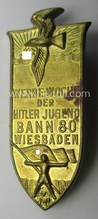 HJ (ie. 'Hitlerjugend') related 'tinnie' ie. 'Veranstaltungsabzeichen' being a maker- (ie. 'Paulmann u. Crone'-) marked example showing a sunburst, sea-gull and HJ-flag-bearer and text: 'Werbewoche der Hitler Jugend - Bann 80 - Wiesbaden'