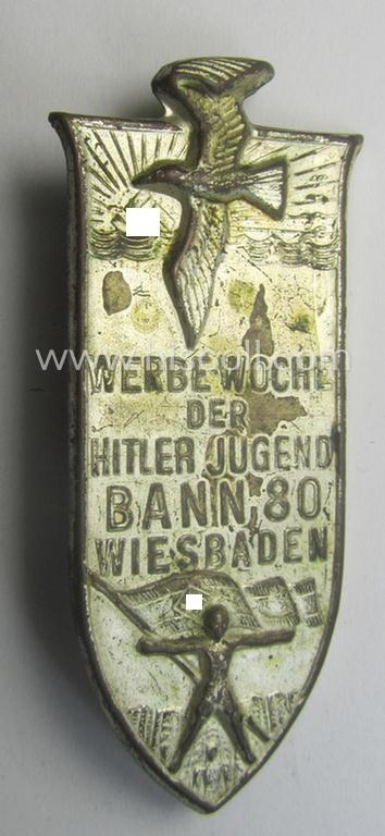 HJ (ie. 'Hitlerjugend') related 'tinnie' ie. 'Veranstaltungsabzeichen' being a maker- (ie. 'Paulmann u. Crone'-) marked example showing a sunburst, sea-gull and HJ-flag-bearer and text: 'Werbewoche der Hitler Jugend - Bann 80 - Wiesbaden'