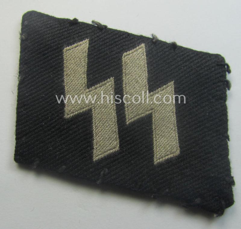 'Clearly used- and/or carefully tunic-removed' example of a Waffen-SS - so-called: 'BeVo'-woven, enlisted-mens'- (ie. NCO-) type so-called: 'runes'-collar-tab as was intended for usage by the soldiers (ie. NCOs) of the Waffen-SS throughout the war