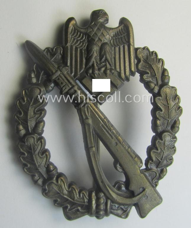 'Virtually mint', 'Infanterie Sturmabzeichen in Bronze' being a maker- (ie. 'JFS'-) marked, 'solid-back' example by the desirable maker: 'Josef Feix u. Söhne' as was executed in golden-bronze-coloured, zinc-based metal