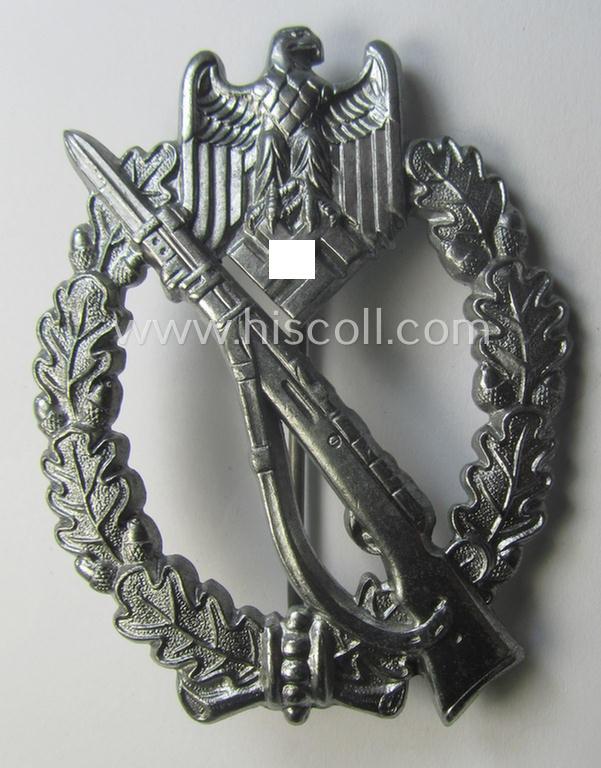 'Virtually mint', silver-class 'Infanterie Sturmabzeichen in Silber' being an unmarked (so-called: 'pillow-crimped') example as was executed in silverish-coloured, zinc-based metal (ie. 'Feinzink')