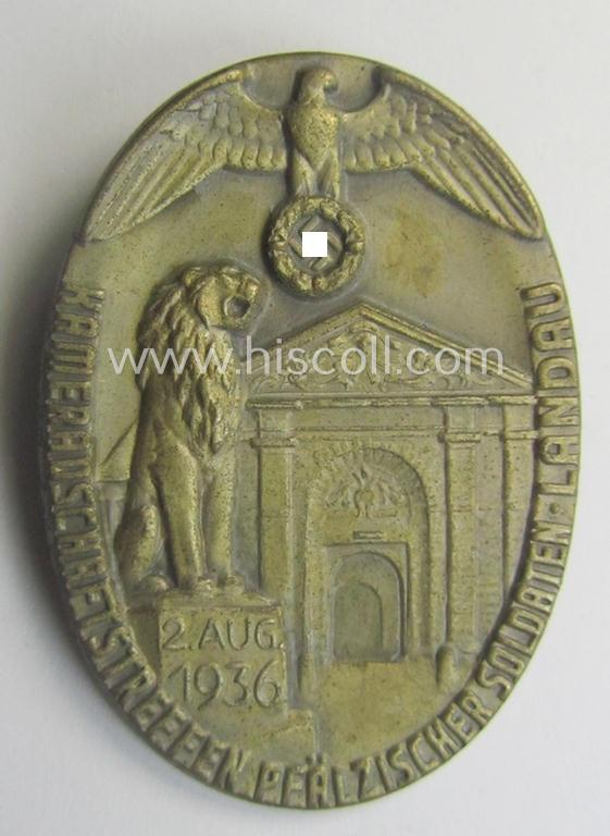 Commemorative, golden-bronze-toned and/or tin-based: 'N.S.K.O.V.'- (ie. veteran-) related 'tinnie' being a non-maker-marked example showing the text: 'Kameradschaftstreffen Pfälzischer Soldaten - Landau - 2. Aug.1936'