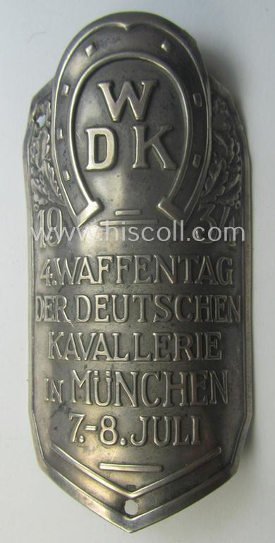 Rarely seen, commemorative, 'Waffenring Deutscher Kavallerie'- (ie. 'WDK'-) related 'flag-pole-device' depicting the typical WDK-logo coupled with the text: '4. Waffentag der deutschen Kavallerie in München - 7.-8. Juli 1934'