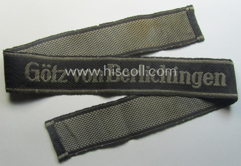 Truly used- and/or worn, Waffen-SS 1943/44-pattern cuff-title (ie. 'Ärmelstreifen') as executed in typical 'BeVo'-weave-pattern as was intended for a member within the: 17. SS-Pz-Gren.-Division 'Götz von Berlichingen'