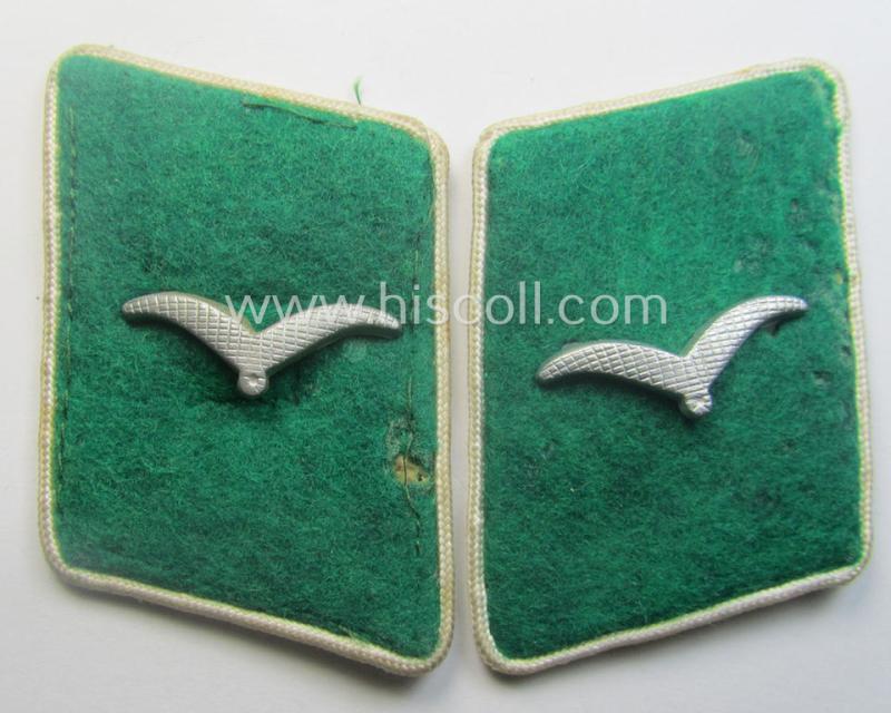 Truly used- ie. worn, pair of fully matching, bright-green-coloured- (and/or white-piped-) WH (Luftwaffe) collar-patches (ie. 'Kragenspiegel') as was intended for usage by a: 'Soldat der LW-Felddivisionen'