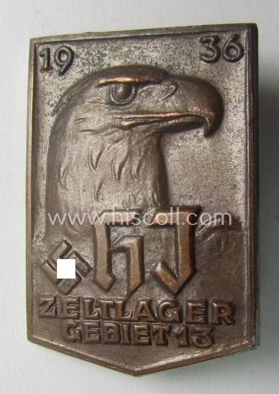 Neat - and scarcely encountered! - HJ o. DJ- (ie. 'Hitlerjugend o. Deutsches Jungvolk') related 'tinnie' being a clearly maker- (ie. 'E.F. Wiedmann - Frankfurt'-) marked example showing the text: 'HJ-Zeltlager - Gebiet - 1935'