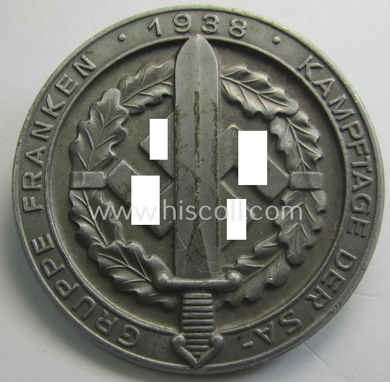 Aluminium-based, SA- (ie. 'Sturmabteilungen'-) related day-badge (ie. 'tinnie'), as was issued to commemorate an: 'SA'-gathering ie. rally entitled: 'Kampftage der SA - Gruppe Franken 1938'