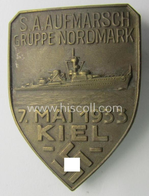 Neat - and scarcely encountered! - SA- (ie. 'Sturmabteilungen'-) related 'tinnie' being a non-maker-marked example showing a battle-ship and text: 'S.A. Aufmarsch Gruppe Nordmark - 7. Mai 1933 - Kiel'