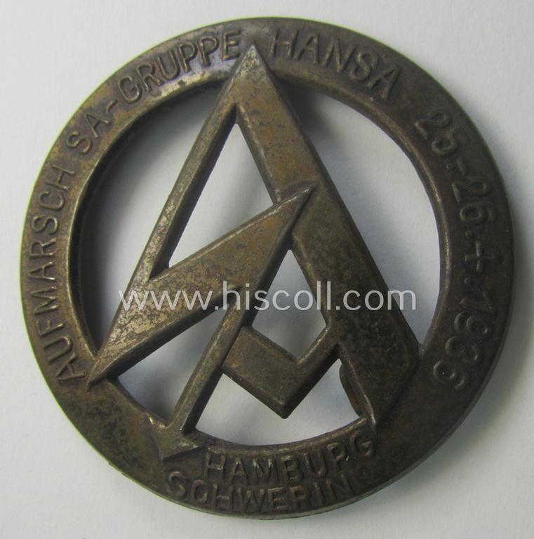 Golden bronze-toned- (and I deem typical zinc-based) SA-related day-badge (ie. 'tinnie' or: 'Veranstaltungsabzeichen') as was issued to commemorate the: 'Aufmarsch SA-Gruppe Hansa - 25.26.4.1935 - Hamburg Schwerin'