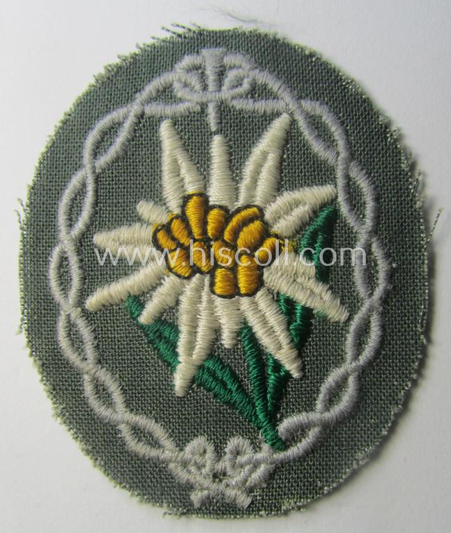 'Variant'-pattern WH (Heeres) 'Gebirgsjäger'- (ie. mountain-troopers-) related arm-badge, being a desirable example as was executed in the machine-woven pattern on a thin-shaped background