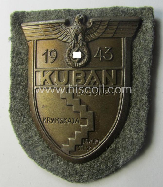 WH (Heeres ie. Waffen-SS) 'Kuban'-campaign-shield that comes mounted onto its original field-grey-coloured- and/or woolen-based 'backing'