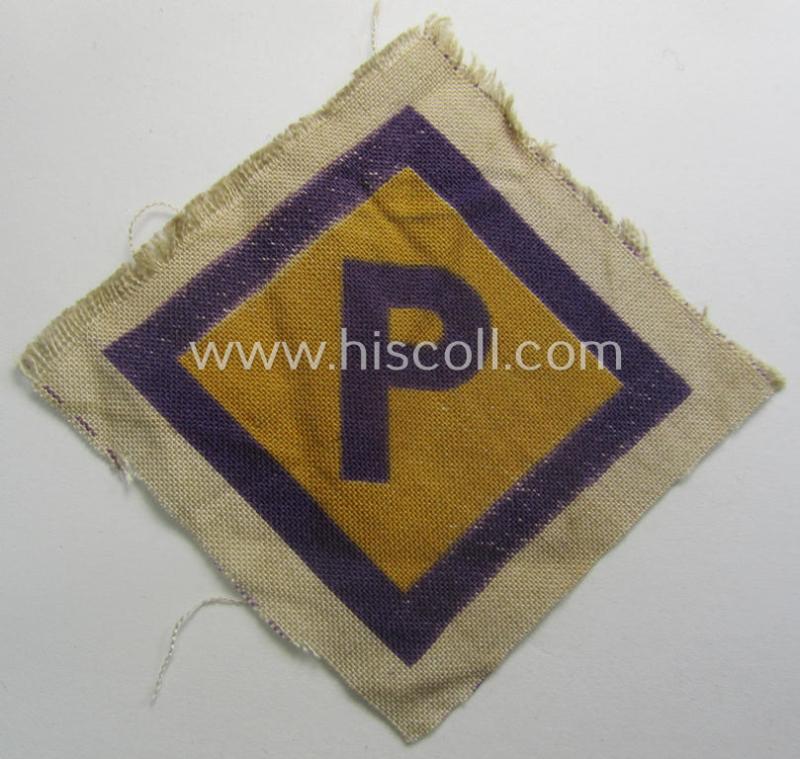 Neat, printed-version of a so-called: 'P'- (ie. forced-labour) breast-patch (ie. 'Brustabzeichen für Poln. Zwangsarbeiter o. Fremdarbeiter') being a non-confectioned example that comes in a never used- (ie 'virtually mint'-), condition