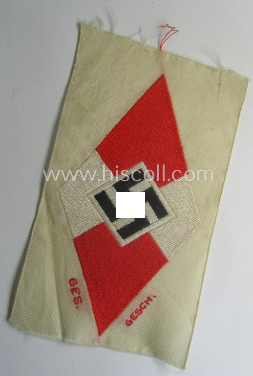 'Standard-issue'-pattern, 'Hitlerjugend'- (ie. 'Bund Deutsche Mädel) ie. HJ/BDM-related so-called: 'Ärmelraute' as executed in so-called 'BeVo'-weave pattern (being a never used- ie. 'virtually mint' example that is void of an 'RzM'-etiket)