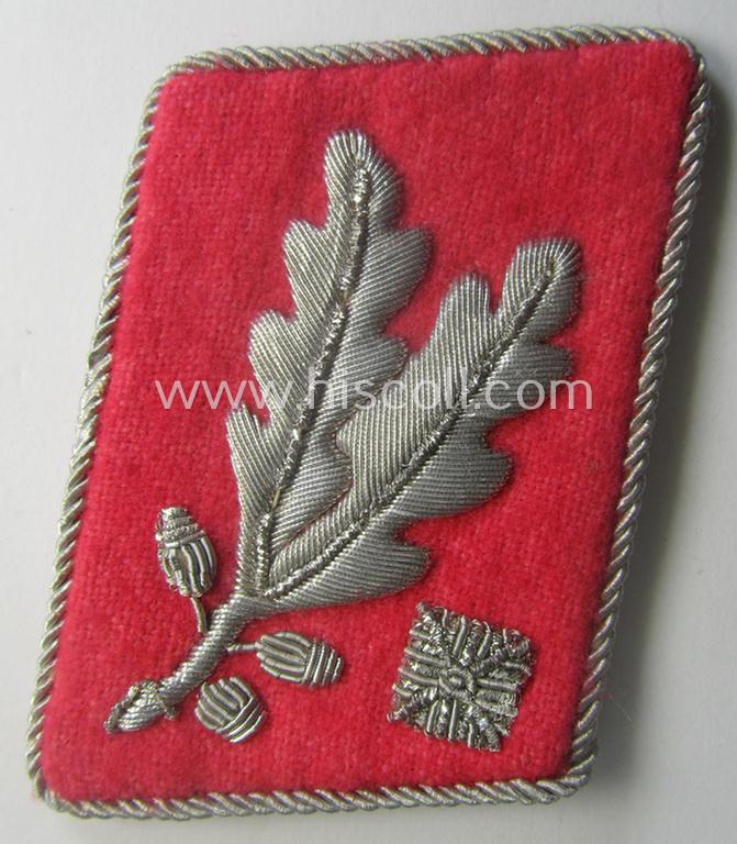 Regrettably single, high-ranked SA (ie. 'Sturmabteilungen') hand-embroidered, bright-pink-coloured general-officers'-type collar-tab (ie. 'Kragenspiegel für Generale') for an: 'SA-Brigadeführer' (still retaining its 'RzM'-etiket)