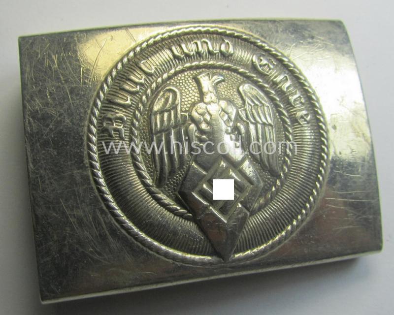 Moderately used, HJ (ie. 'Hitlerjugend') bright-silver-coloured- (ie. nickle-chrome-based and I deem early-pattern) belt-buckle being a non-maker-marked example