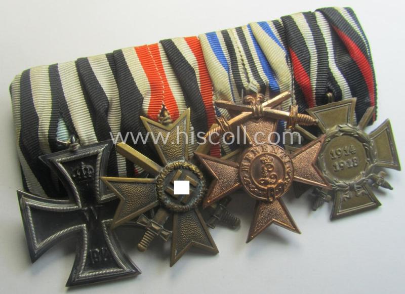 4-pieced, WWI- (ie. TR-) period medal-bar (ie.: 'Ordenspange') resp. showing a WWI-pattern: 'EKII. Kl.', a: 'KvK II.Kl. mit S.', a: 'Bayern Militär-Verdienstkreuz 3. Kl. mit Schwn.' and a: 'FKK 1914-18 mit Schwn.'