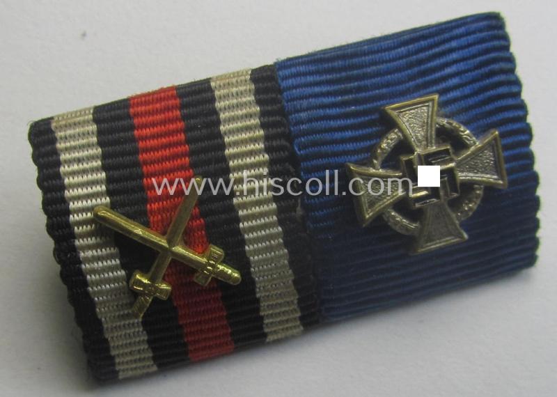 Interesting - and unusually encountered! - 2-pieced, WH ribbon-bar (ie. 'Feld- o. Bandspange') showing an unusally encountered device for a: 'Treuedienst Ehrenzeichen 2. Klasse'