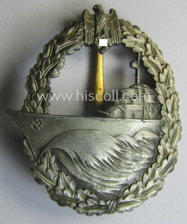 Scarcely found, WH (Kriegsmarine) 'Zerstörerkriegsabzeichen' being a clearly maker- (ie. 'L/18'-) marked example as executed in 'Feinzink' as was produced by the desirable maker (ie. 'Hersteller'): 'B.H. Mayer's Kunstprägeanstalt'