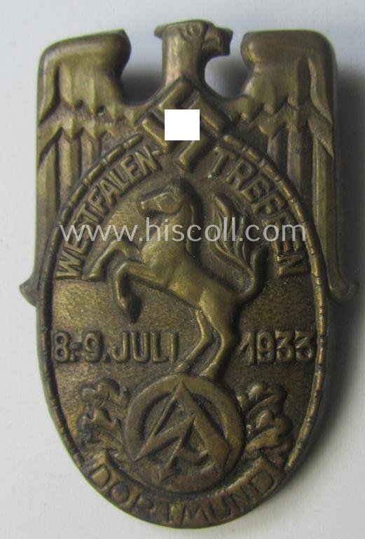 Commemorative- and/or copper-toned, golden-bronze-coloured N.S.D.A.P.- (ie. SA-) related 'tinnie' being a non-maker-marked example showing a detailed eagle-device, SA-logo- and text: 'Westfalentreffen - Dortmund - 8.9. Juli 1933'