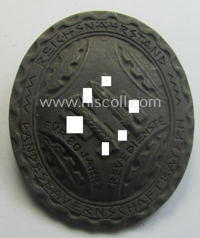 Unusally seen, 'Reichsnährstand'- (ie. 'RNSt.'-) related loyal-service brooch ('Brosche') being a non-maker-example showing the (Runic-styled!) text: 'Reichsnährstand - Landesbauernschaft Bayern - für 20 Jahre Treue Dienste'