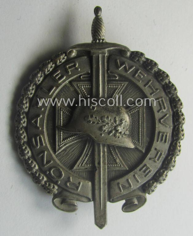 Unusually seen, silver-toned and (I deem) N.S.K.O.V.- (ie. WWI-veteran-) related honorary-badge (ie. 'Ehrenzeichen') being a non-maker-marked example as was issued to commemorate membership within the: 'Rönsahler Wehrverein'