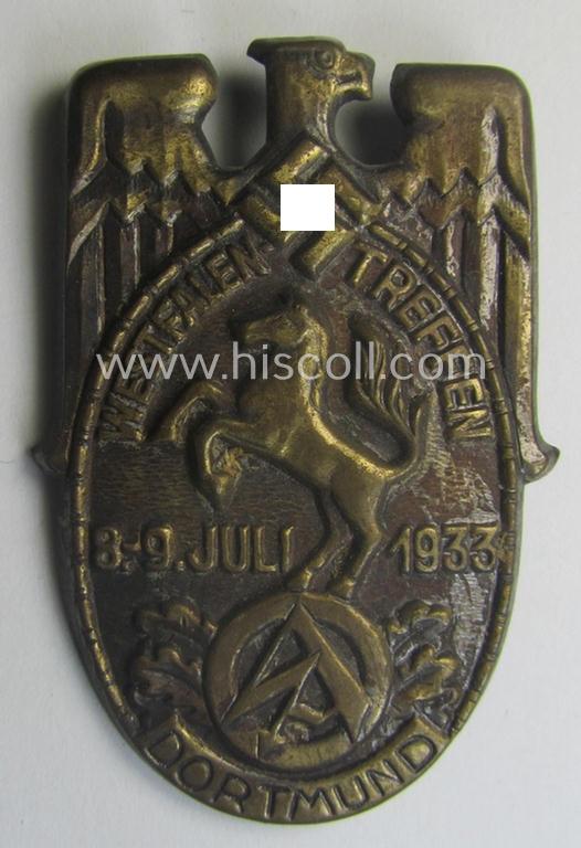 Commemorative- and/or copper-toned, golden-bronze-coloured N.S.D.A.P.- (ie. SA-) related 'tinnie' being a non-maker-marked example showing a detailed eagle-device, SA-logo- and text: 'Westfalentreffen - Dortmund - 8.9. Juli 1933'
